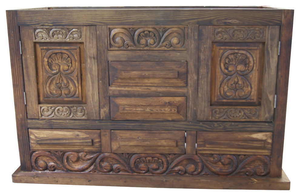 Shipwreck Rustic Carved Wood Bathroom Vanity, 48"x20"x32", With Top