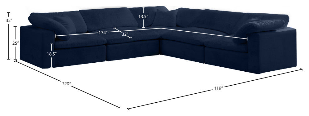 Cozy Velvet Upholstered Comfort L-Shaped Modular Sectional, Navy, 5-Piece: 2 Armless Chair, 3 Corner Chair