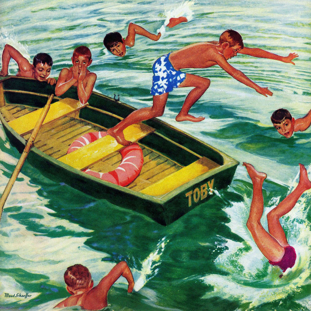 "Rowboat Diving" Painting Print on Canvas by Mead Schaeffer