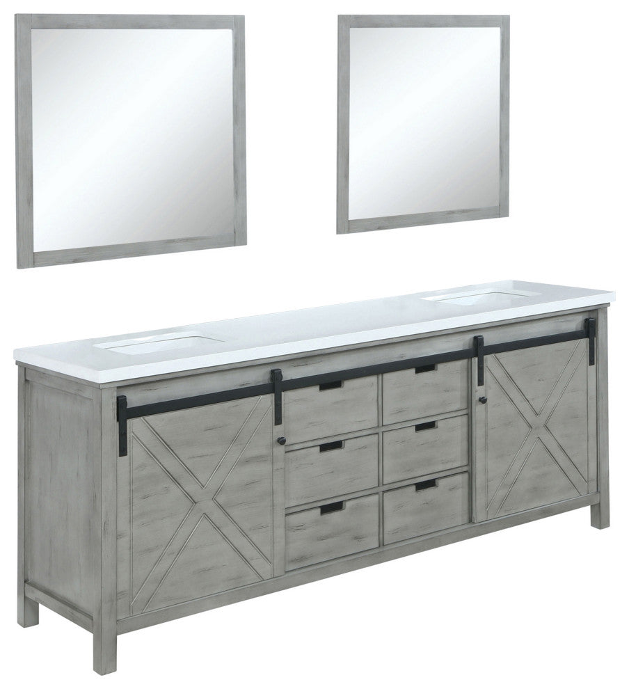 Marsyas 80" Ash Gray Double Vanity Ash Gray Quartz Top Sinks, 30" Wall Mirrors