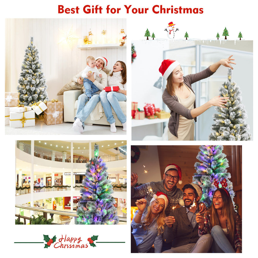 5FT Pre-Lit Hinged Christmas Tree Snow Flocked w/9 Modes Remote Control Lights