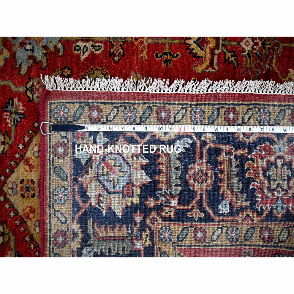 Red and Black Pure Wool Hand Knotted Karajeh Design Oriental Rug, 6'x8'9"