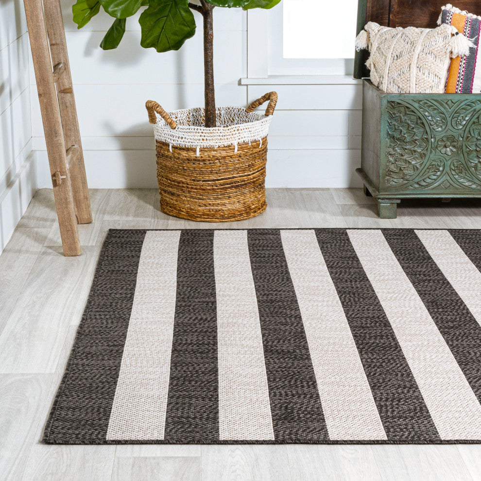 Negril Two-Tone Wide Stripe Indoor/Outdoor Area Rug, Black/Cream, 8x10