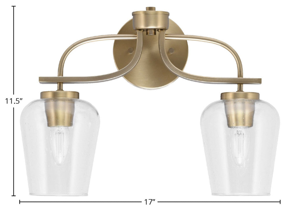 Cavella 2-Light Bath Bar, New Age Brass, 5" Clear Bubble Glass
