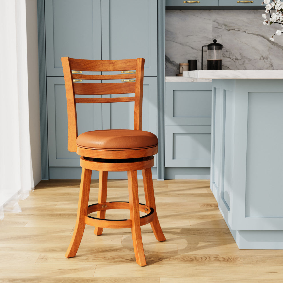 DTY Indoor Living Granby Slat Back Swivel Stool, 24" Counter Stool, Natural, Saddle Leather