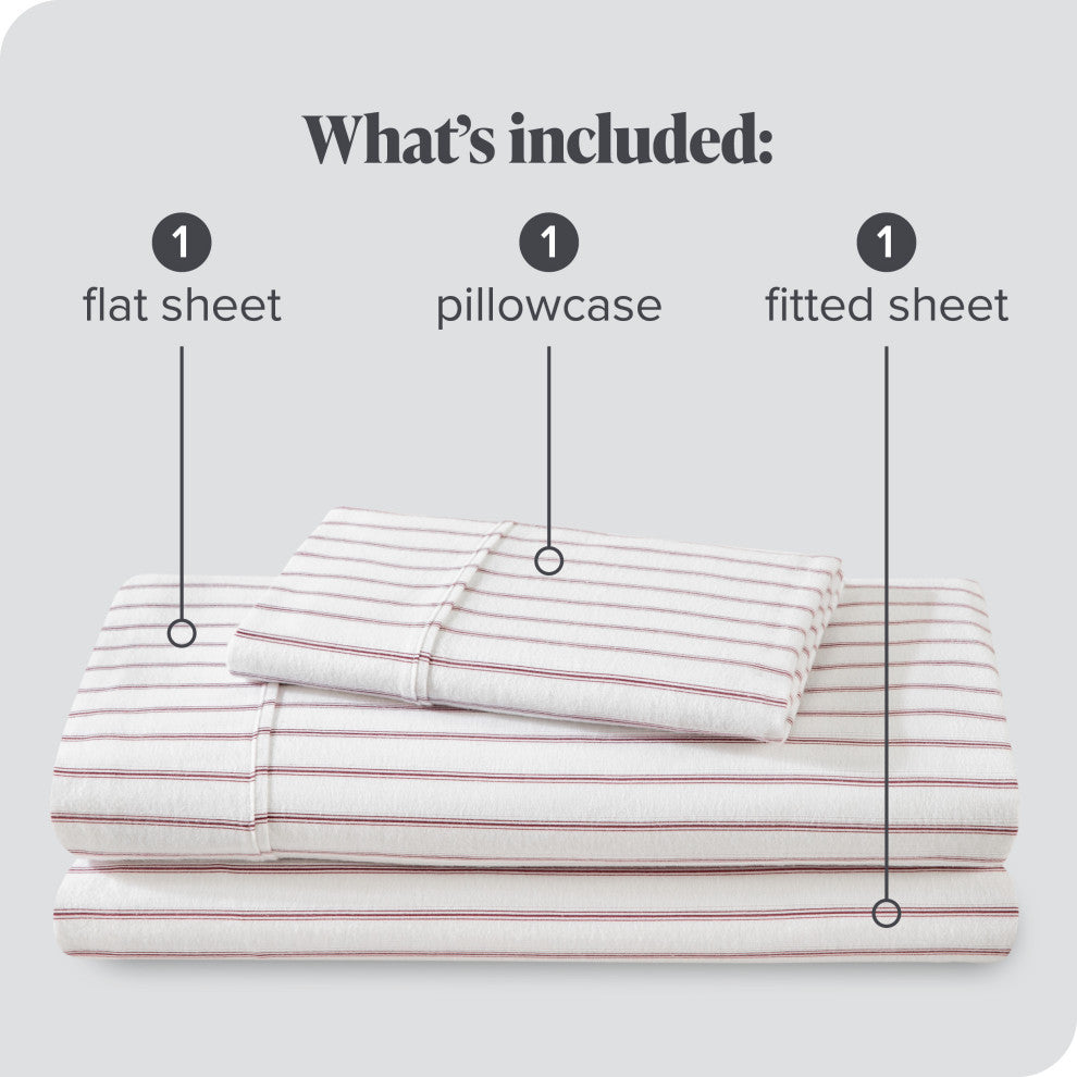 Bare Home Cotton Flannel Sheet Set, Ticking Stripe - White/Burgundy, Twin