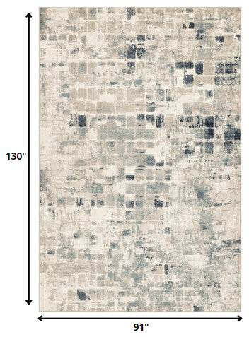 8"x11" Beige Blue Abstract Tiles Distressed Area Rug