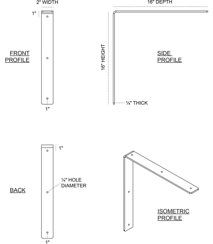 2"W x 16"D x 16"H Hamilton Bracket, Steel