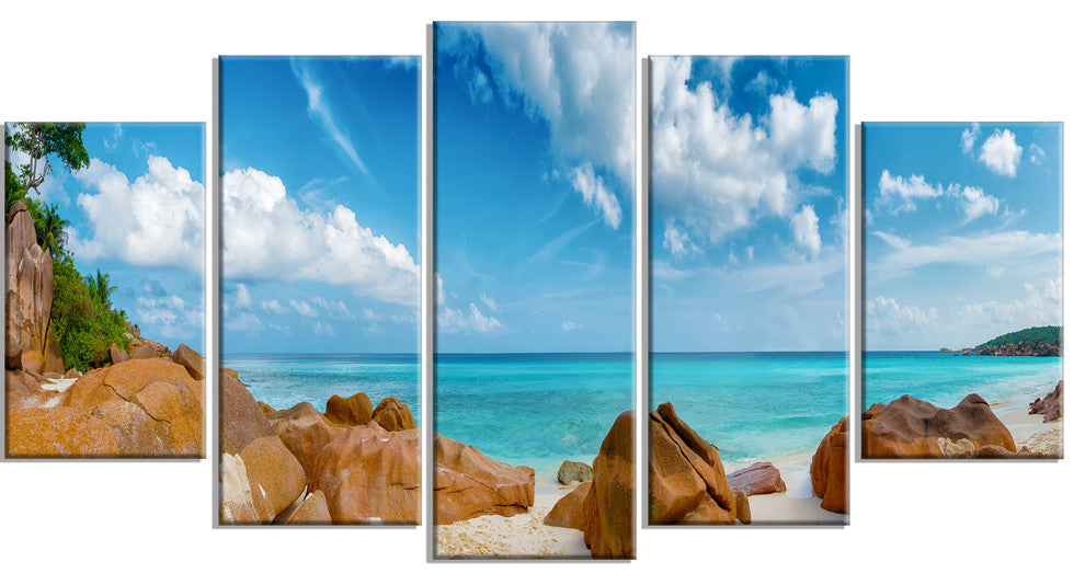 "Rocky Seychelles Island Panorama" Oversized Beach Wall Art, 5 Panels, 60"x32"