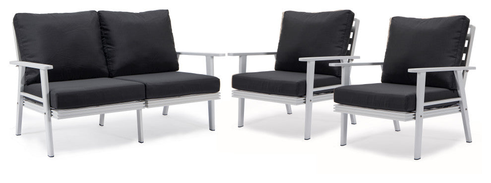 LeisureMod Walbrooke 3-Piece Patio Set With White Aluminum Frame and Cushions, Charcoal