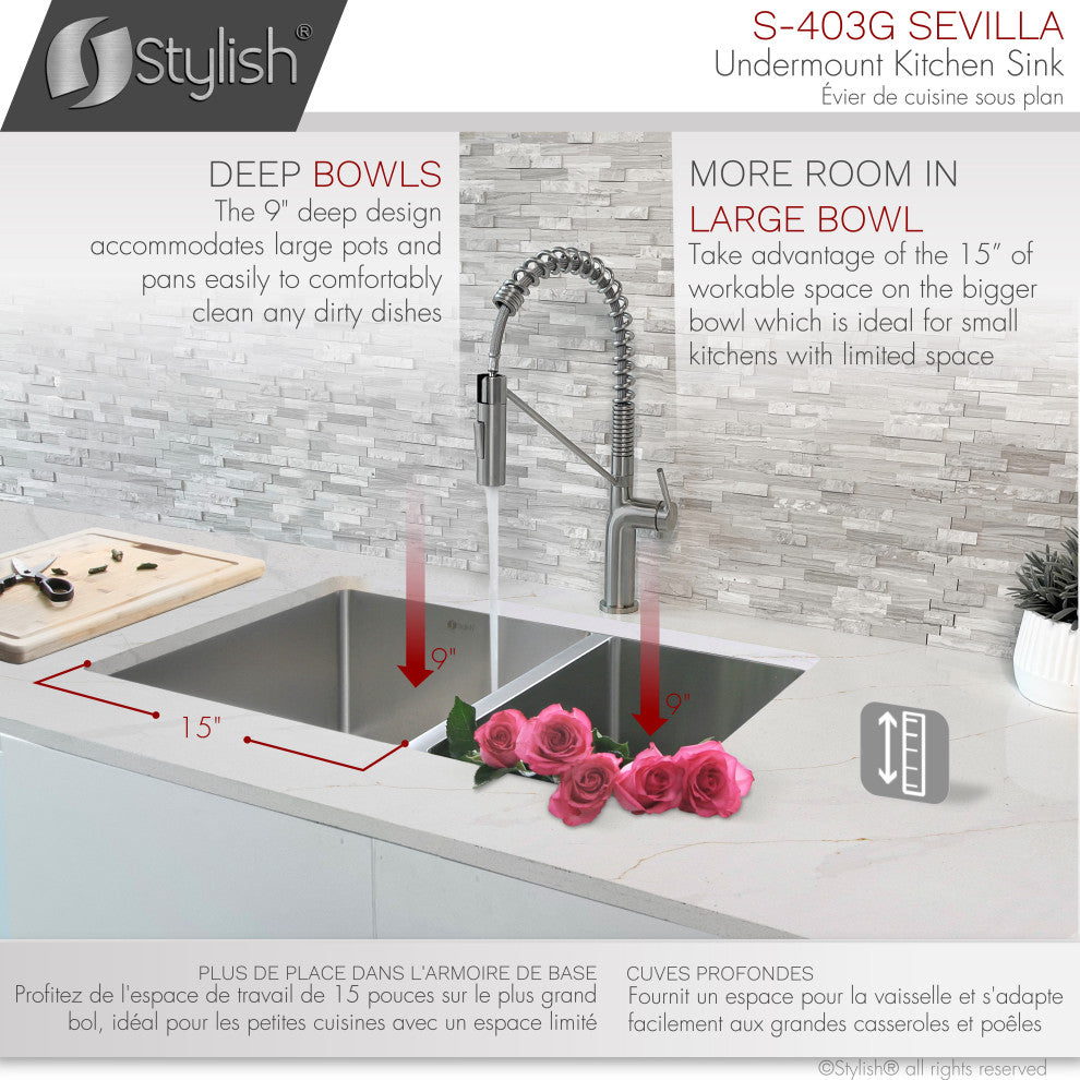 STYLISH 28" Double Bowl 60/40 Reversible Undermount Stainless Steel Kitchen SInk