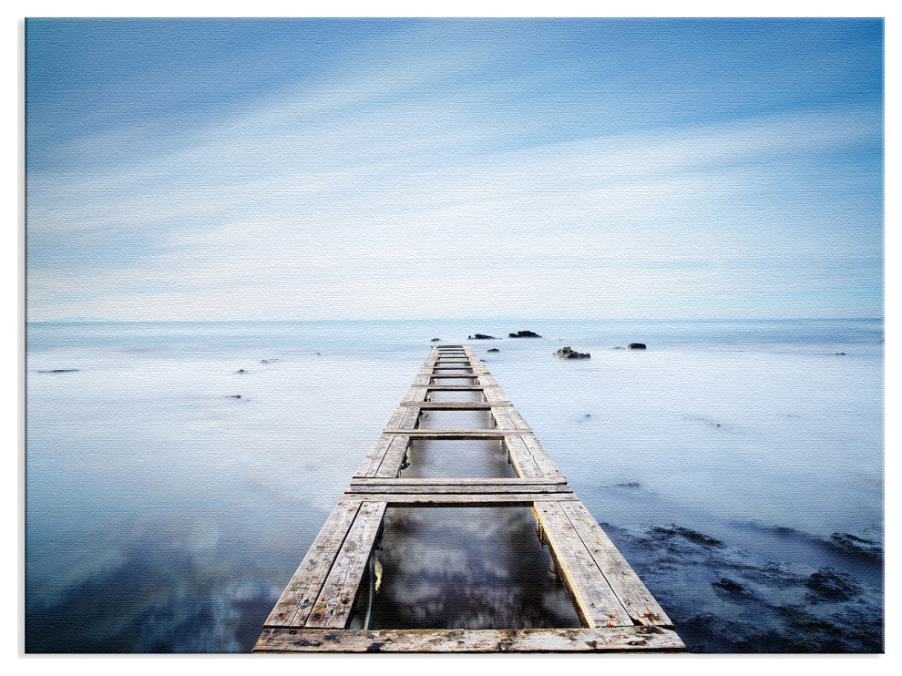 Moody Ocean and Sky Wooden Pier Landscape Photo Canvas Wall Art Prints, 24" X 36"
