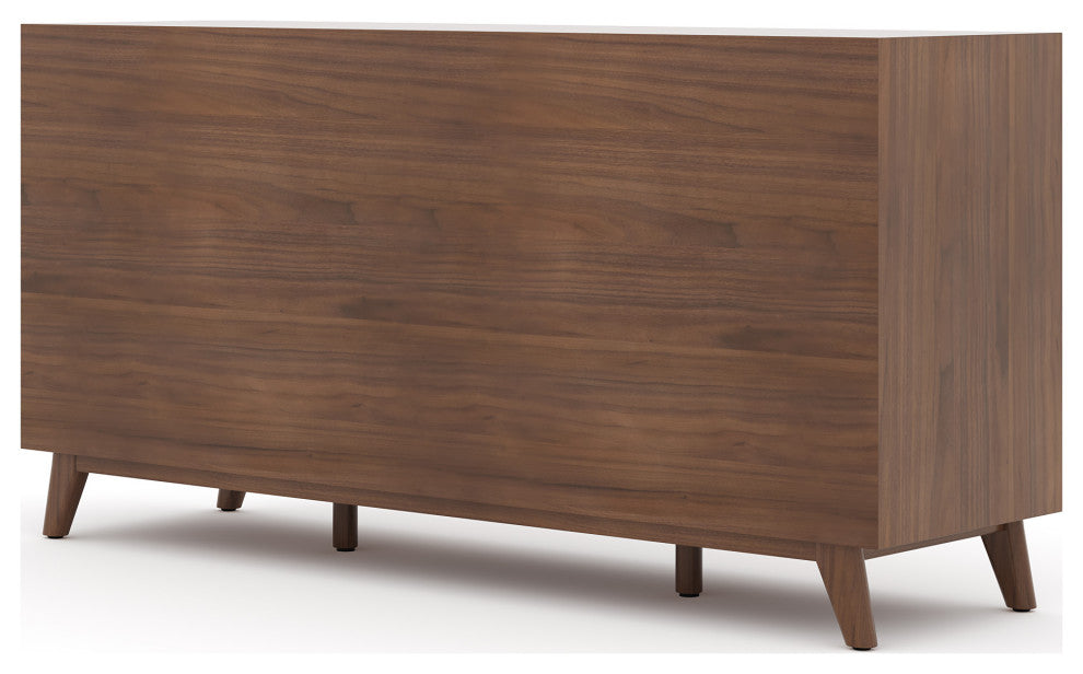 Modern Double Dresser With Groove Handles, Walnut Stain