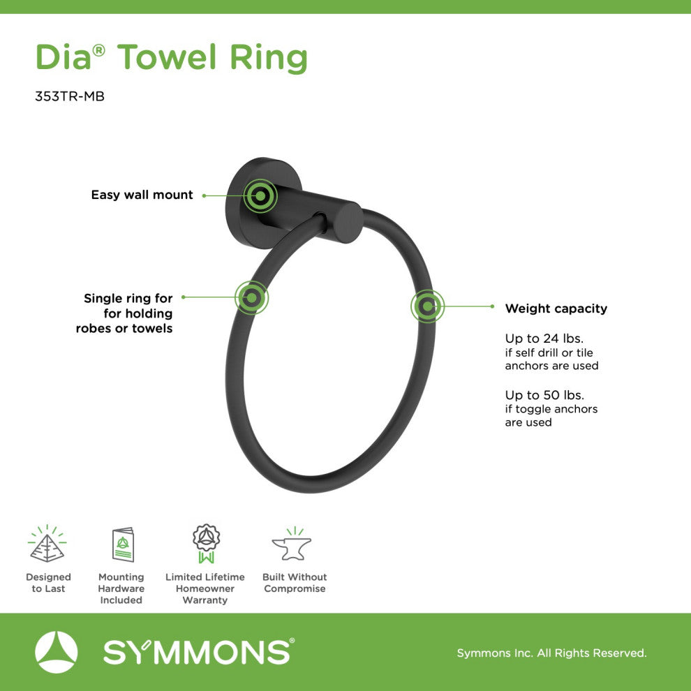 Dia Hand Towel Ring with Mounting Hardware, Matte Black