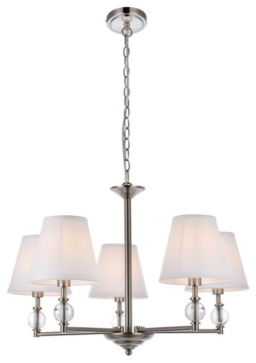 Beau 5-Light Pendant, Satin Nickel With White Fabric Shade