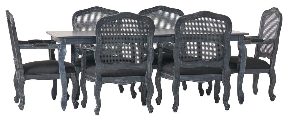 Bonview Fabric Upholstered Wood and Cane Expandable 7-Piece Dining Set, Gray/Black