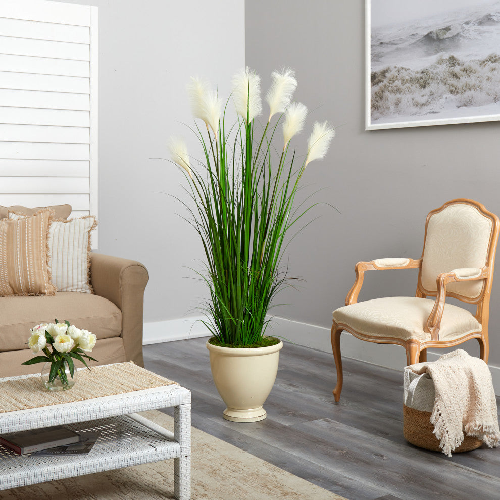 64" Wheat Plume Grass Artificial Plant, Urn Planter