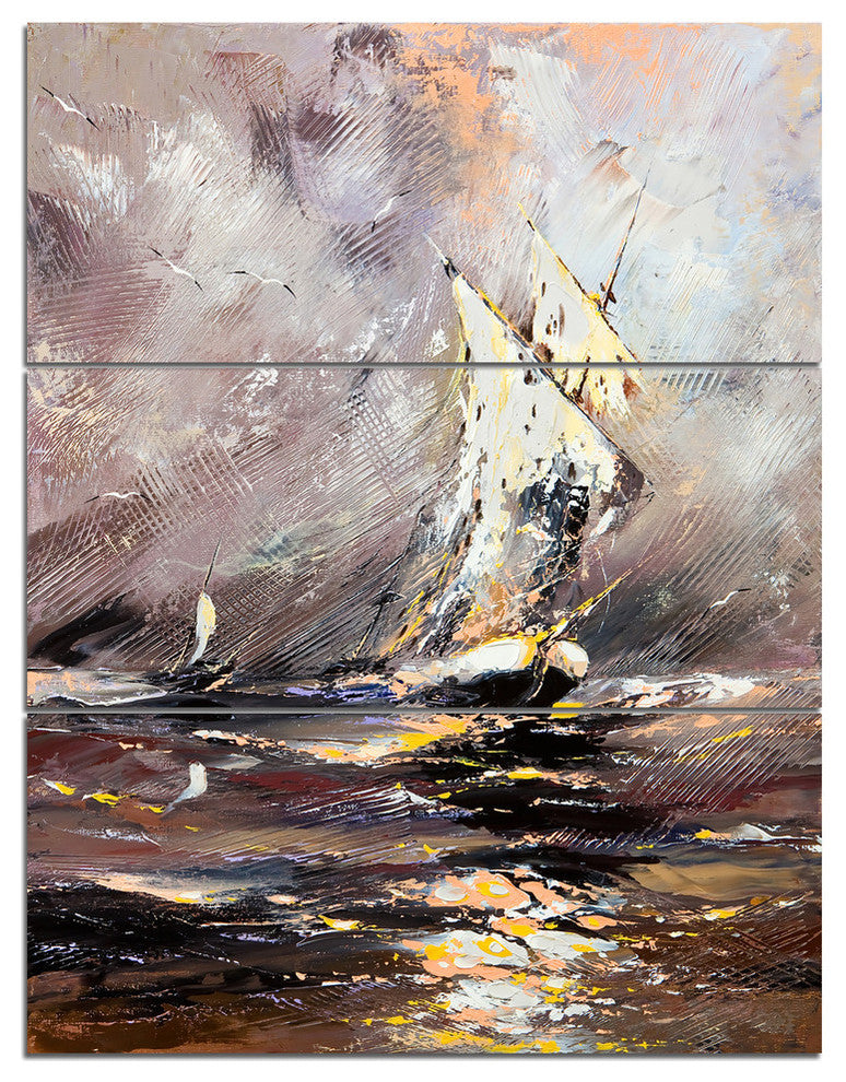"Vessel in Stormy Sea" Painting Metal Wall Art, 3 Panels, 28"x36"
