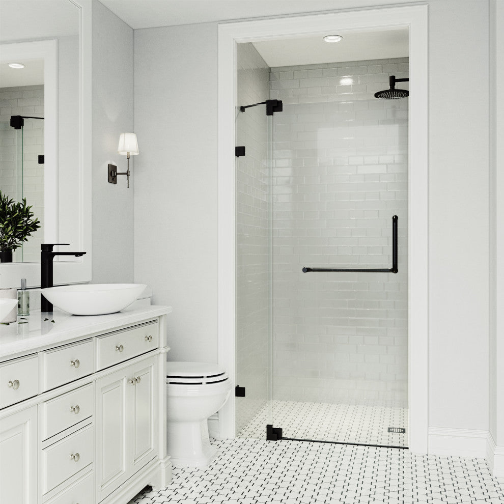VIGO Pirouette 30" to 36" W x 72" H Frameless Pivot Shower Door, Matte Black, Clear Glass