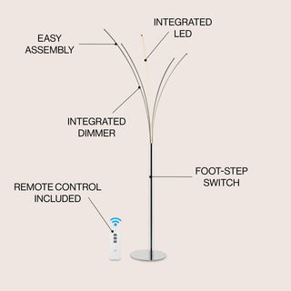 Minimalist Metal 5-Branch Arc Dimmable Integrated LED Floor Lamp, Remote Control