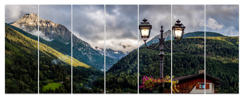 Lamp Posts in Mountain Panorama, Landscape Canvas Art Print, 83"x32", 7 Panels