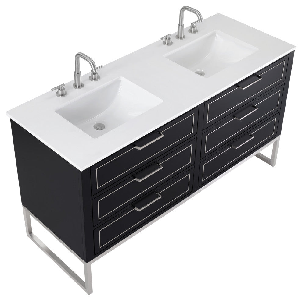 Markham Bathroom Vanity, Midnight Black/Brushed Nickel, 60", White Quartz Top