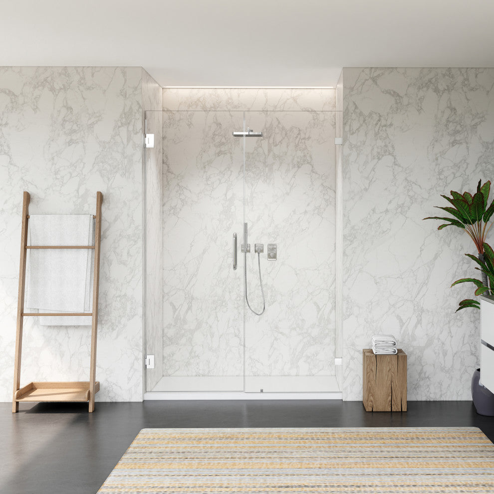 Roisin Frameless Hinged Shower Door, Clear Glass, Polished Chrome, 52"wx74"h