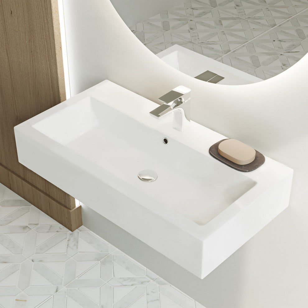 Voltaire Wide Rectangle Wall-Mount Sink, Shiny White