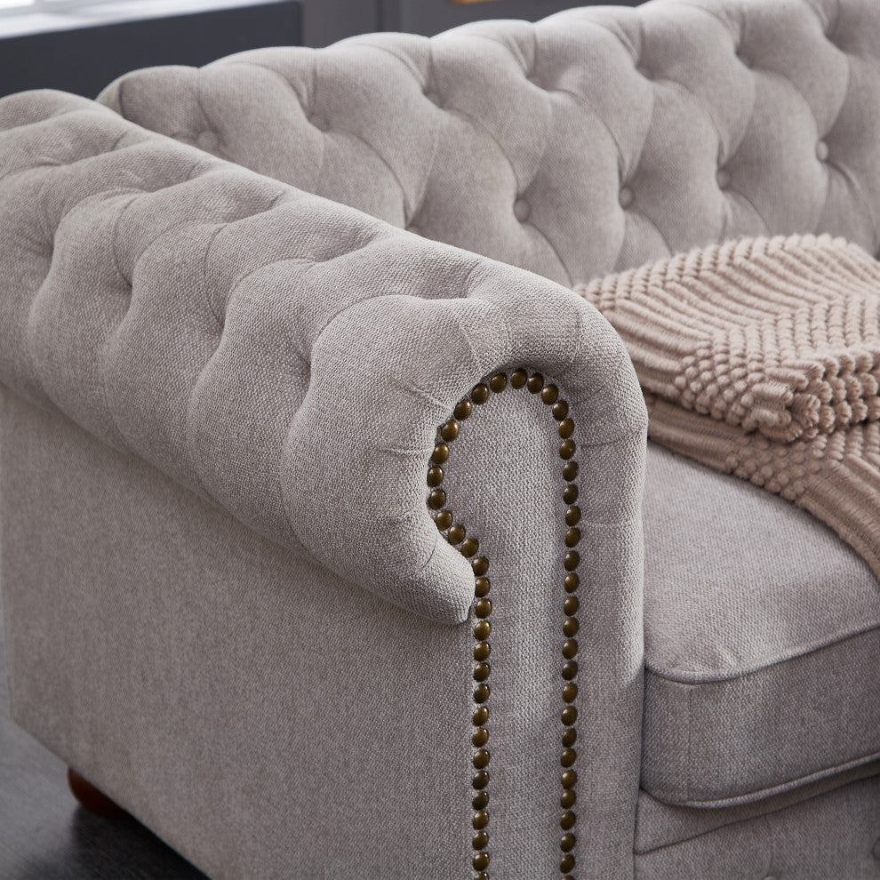 TATEUS linen fabric Chesterfield Large sofa Modern 3 Seater Couch Light Grey