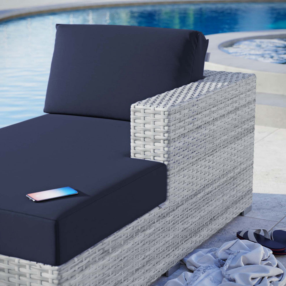 Lounge Chair Chaise, Rattan, Wicker, Gray Blue Navy, Modern, Outdoor Patio
