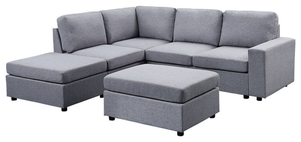 Skye Light Gray Linen 6 Seat Reversible Modular Sectional Sofa With Ottoman