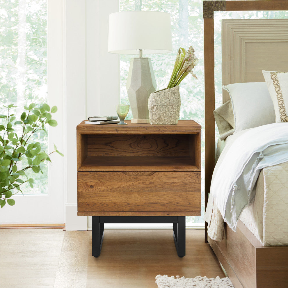 Aldo 1 Drawer Nightstand in Brown Oak Wood With Black Metal Legs