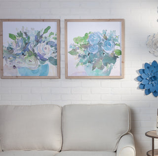 Set of 2, 23.63"Blue Flower Themed Wall Art, Wooden Frames