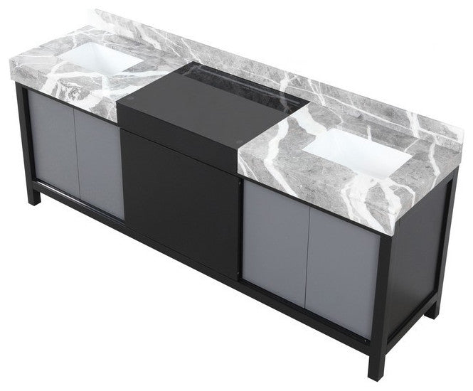 Zilara 84" Black and Grey Double Vanity, Castle Grey Marble Tops