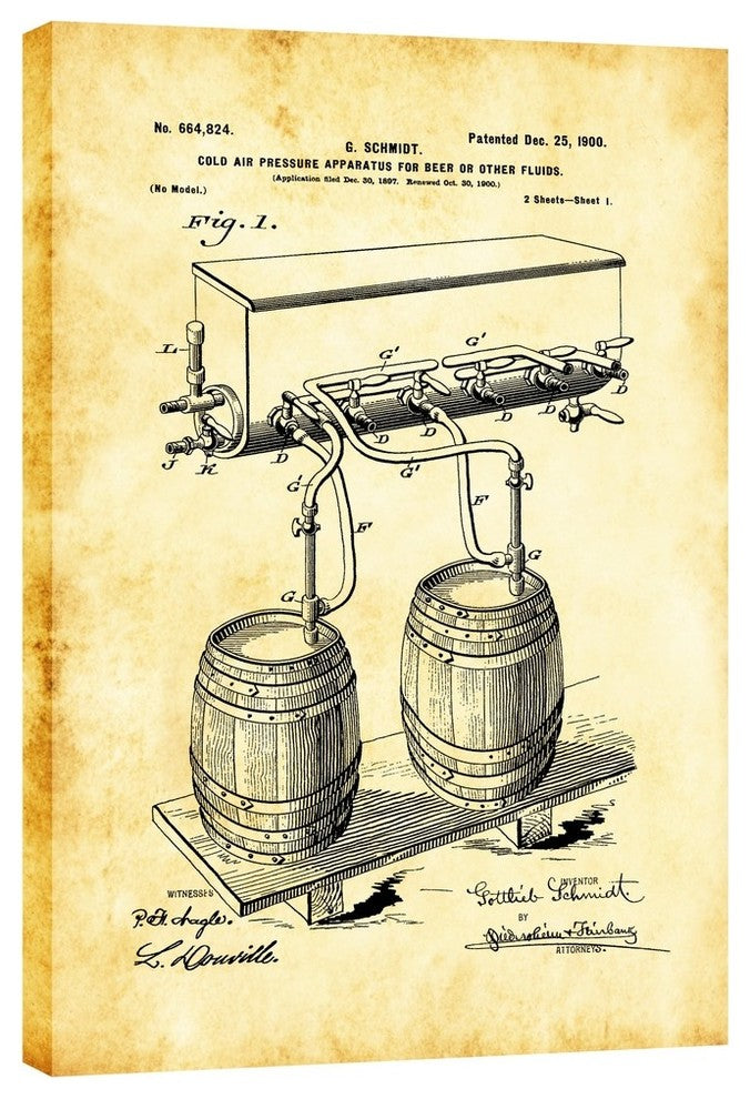 Epic Graffiti "Beer Barrel Vintage Patent Blueprint" Giclee Canvas Art, 12"x18"
