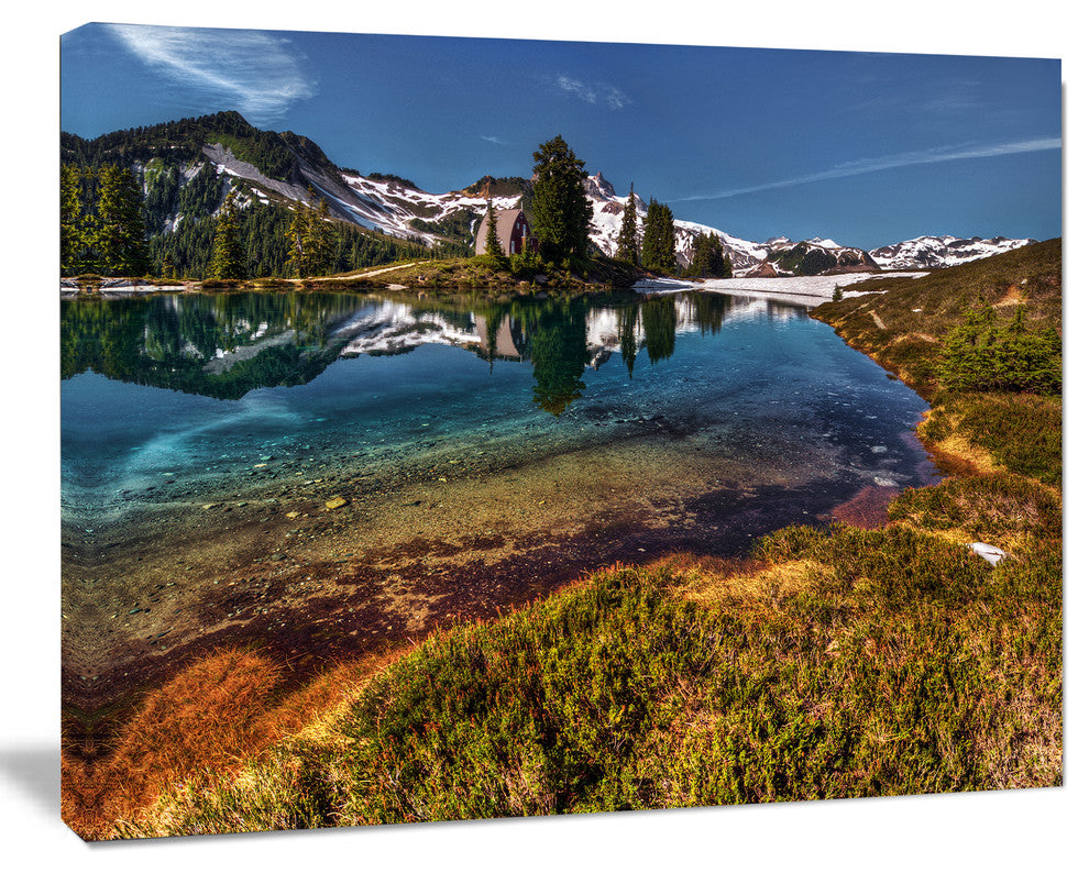 Curving Mountain Lake Shore, Extra Large Landscape Canvas Art Print, 60"x28"