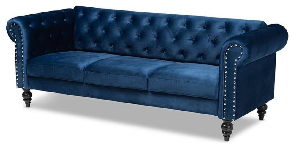 Bowery Hill Navy Blue Velvet Upholstered Button Tufted Chesterfield Sofa