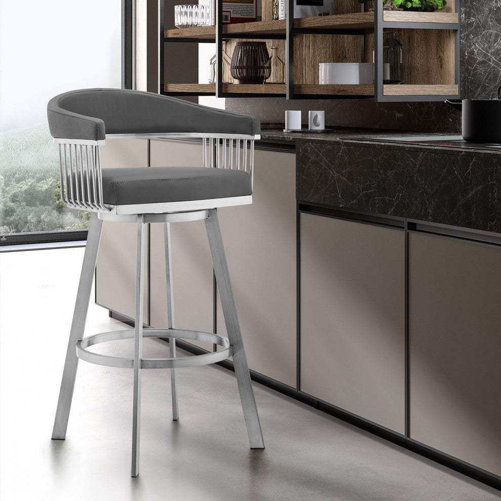 26" Mod Gray Faux Leather Brushed Silver Finish Swivel Bar Stool