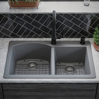 Karran Drop-In Quartz 33" 1-Hole 60/40 Double Bowl Sink Kit, Grey