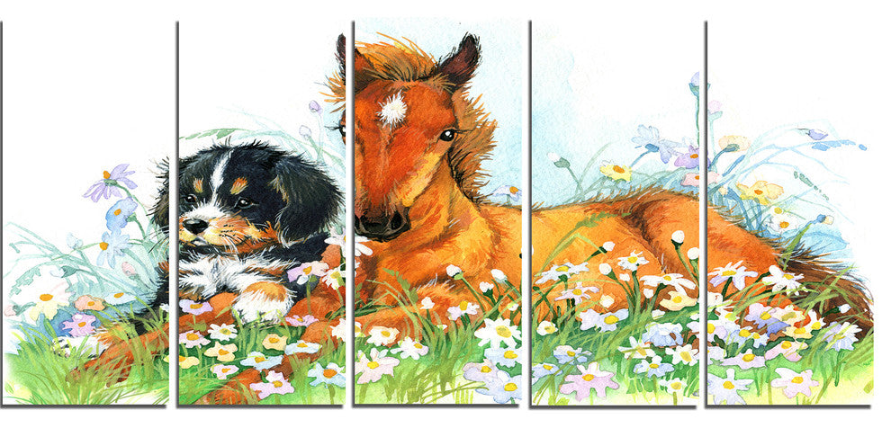 Relaxing Brown Cute Horse, Animal Canvas Art Print, 60"x28", 5 Panels