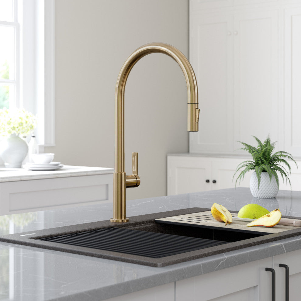 Oletto Pull-Down 1-Hole Kitchen Faucet, Spot Free Antique Champagne Bronze