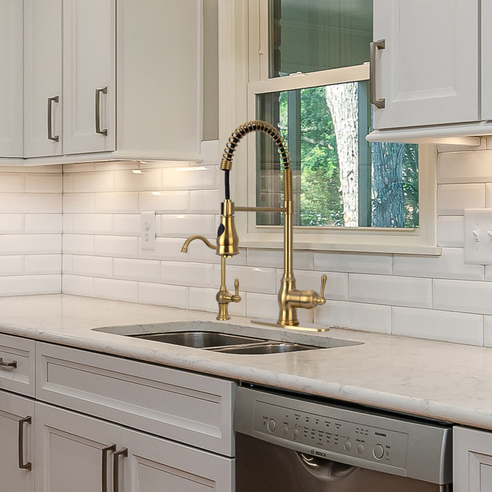 Copper Pre-Rinse Spring Kitchen Faucet with Pull Down Sprayer, Brushed Gold