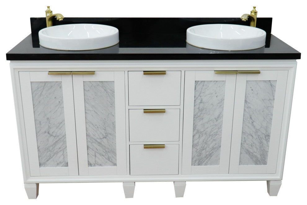 61" Double Sink Vanity, White Finish With Black Galaxy Granite And Round Sink