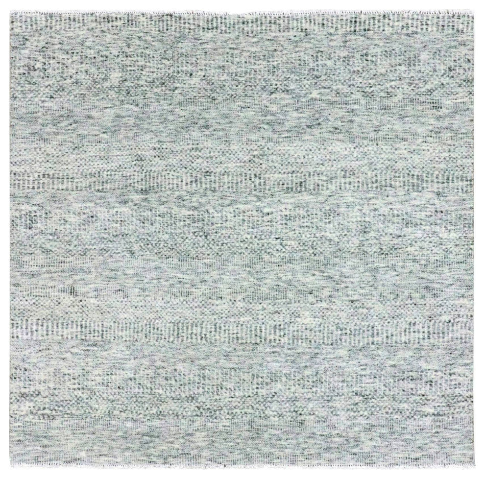 Cloud Gray Natural Undyed Wool Grass Design Hand Knotted Square Rug, 6'x6'