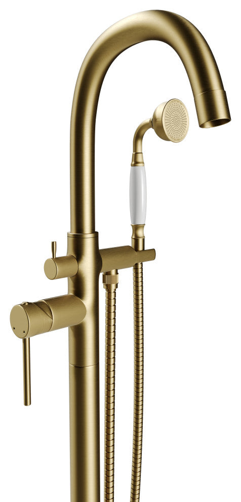 CastelloUSA Neptune Freestanding Tub Filler Faucet, Brushed Gold, Drift Handle