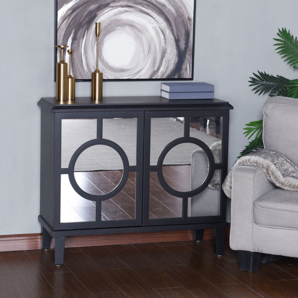 Hollywood Cabinet Two Circle Patterned Doors Black Finish