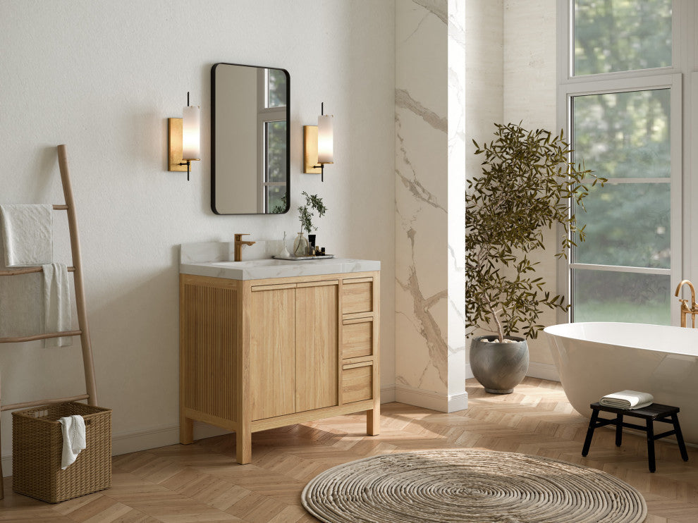 Elizabeth 36 Left Offset Bath Vanity in Light Natural Teak 2" Calacatta Nuvo