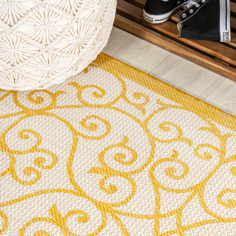 Madrid Vintage Filigree Textured Weave Indoor/Outdoor, Cream/Yellow, 2 X 8