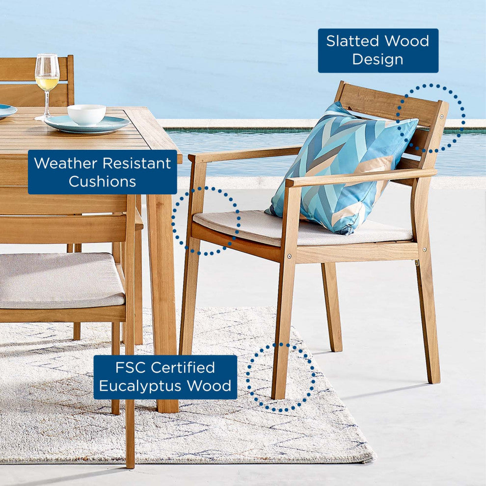 Side Dining Chair Armchair, Wood, Brown Natural Taupe Gray, Modern, Outdoor
