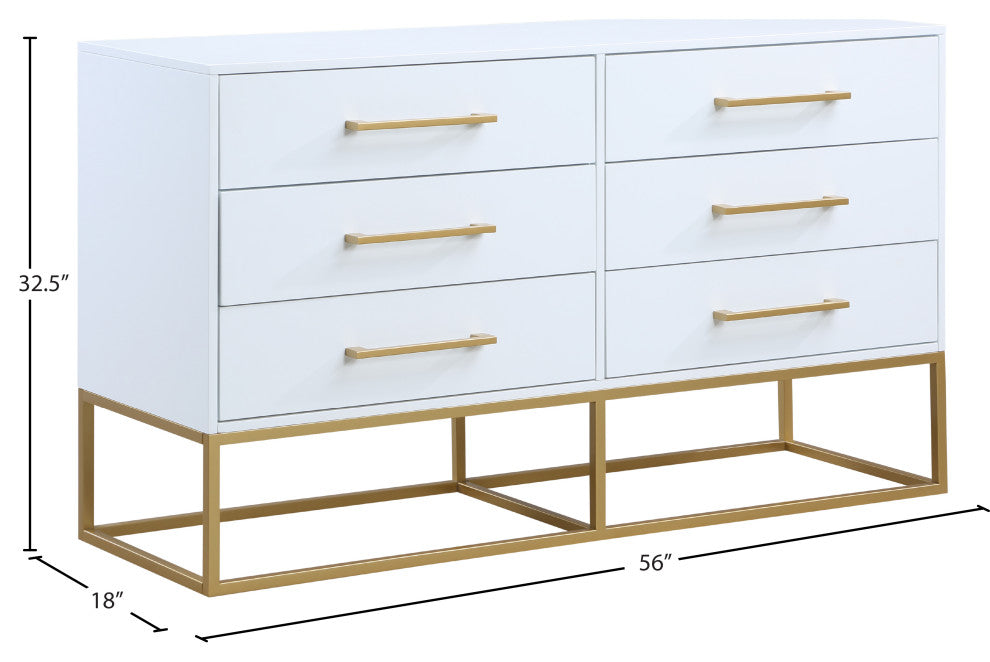 Maxine Wood Dresser With Durable Brushed Gold Metal Base, Rich White Finish